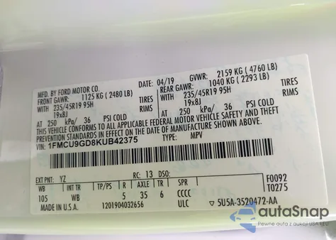 2019 Ford Escape Se from USA, damaged, VIN 1FMCU9GD8KUB42375